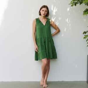 Max Studio Green Tiered Boho Chic Tassel Dress M Sleeveless Resort Casual